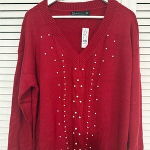 New York & Company Red V-Neck Sweater with Pearl Details